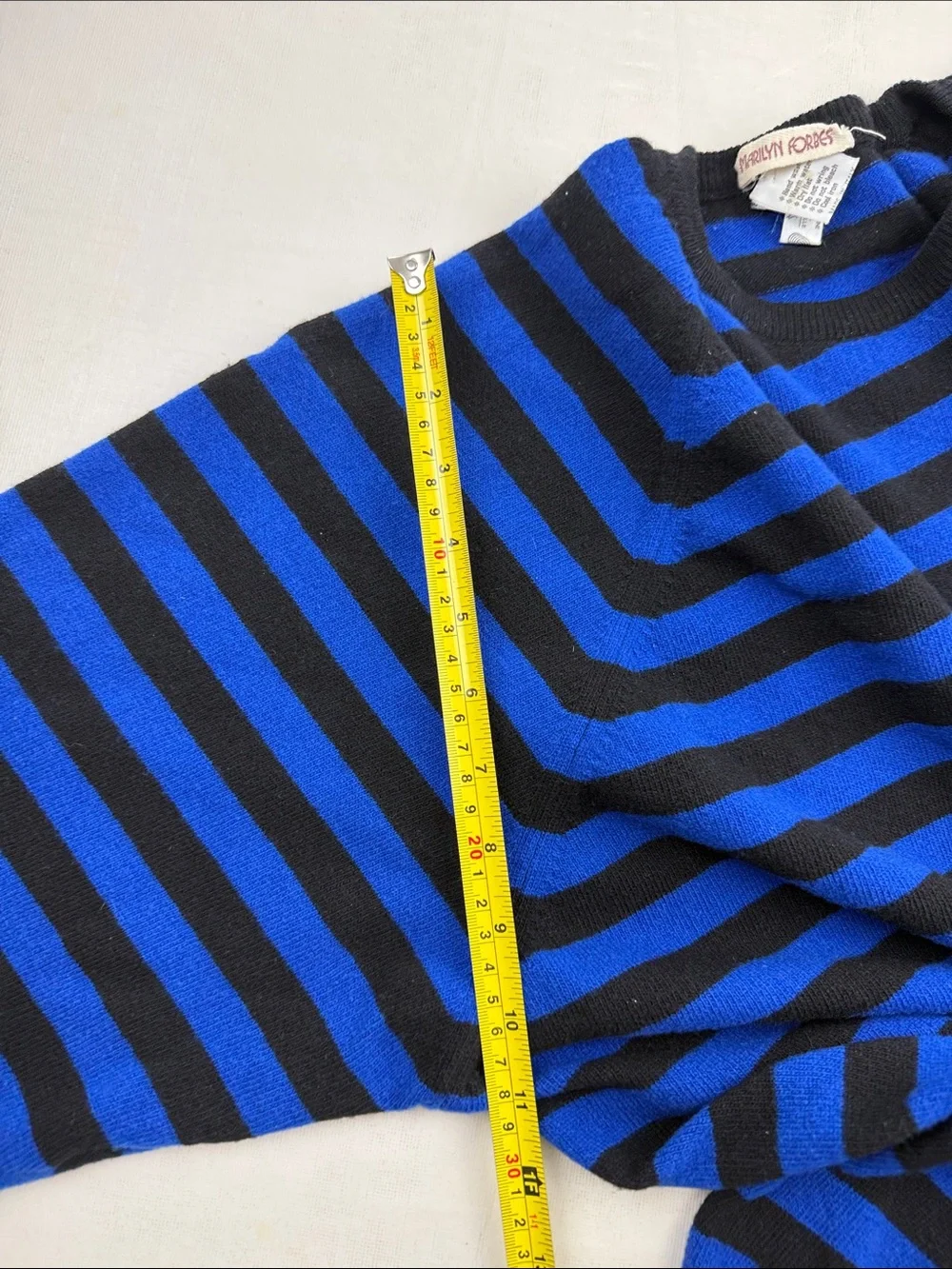 Marilyn Forbes Blue Black Striped Crewneck Oversized Sweater Front pocket Size M